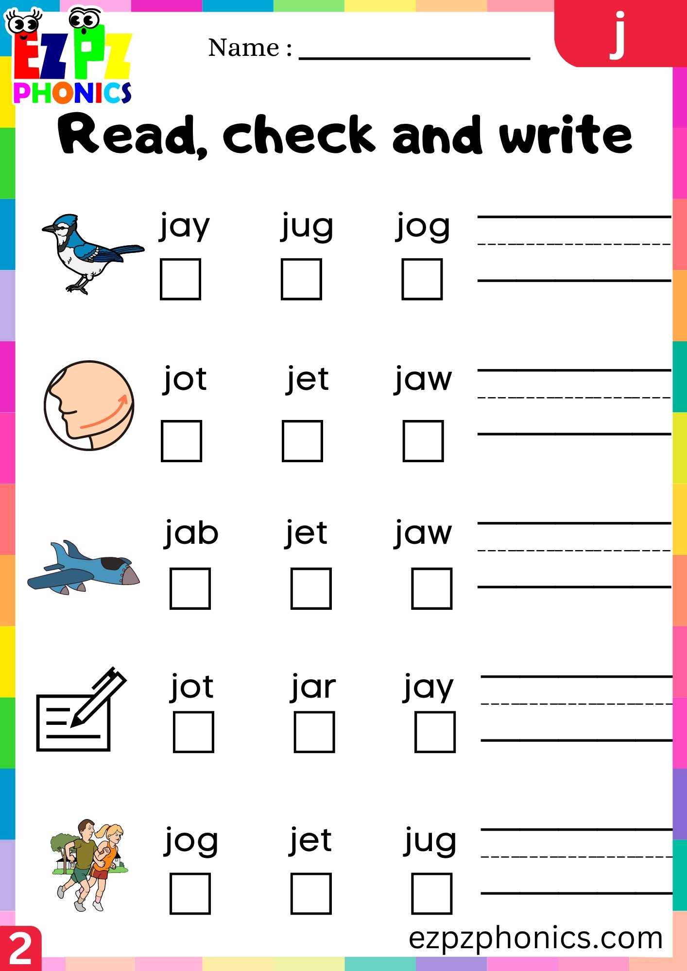 Group2 Letter J Read, Check And Write Beginning Sounds Worksheet